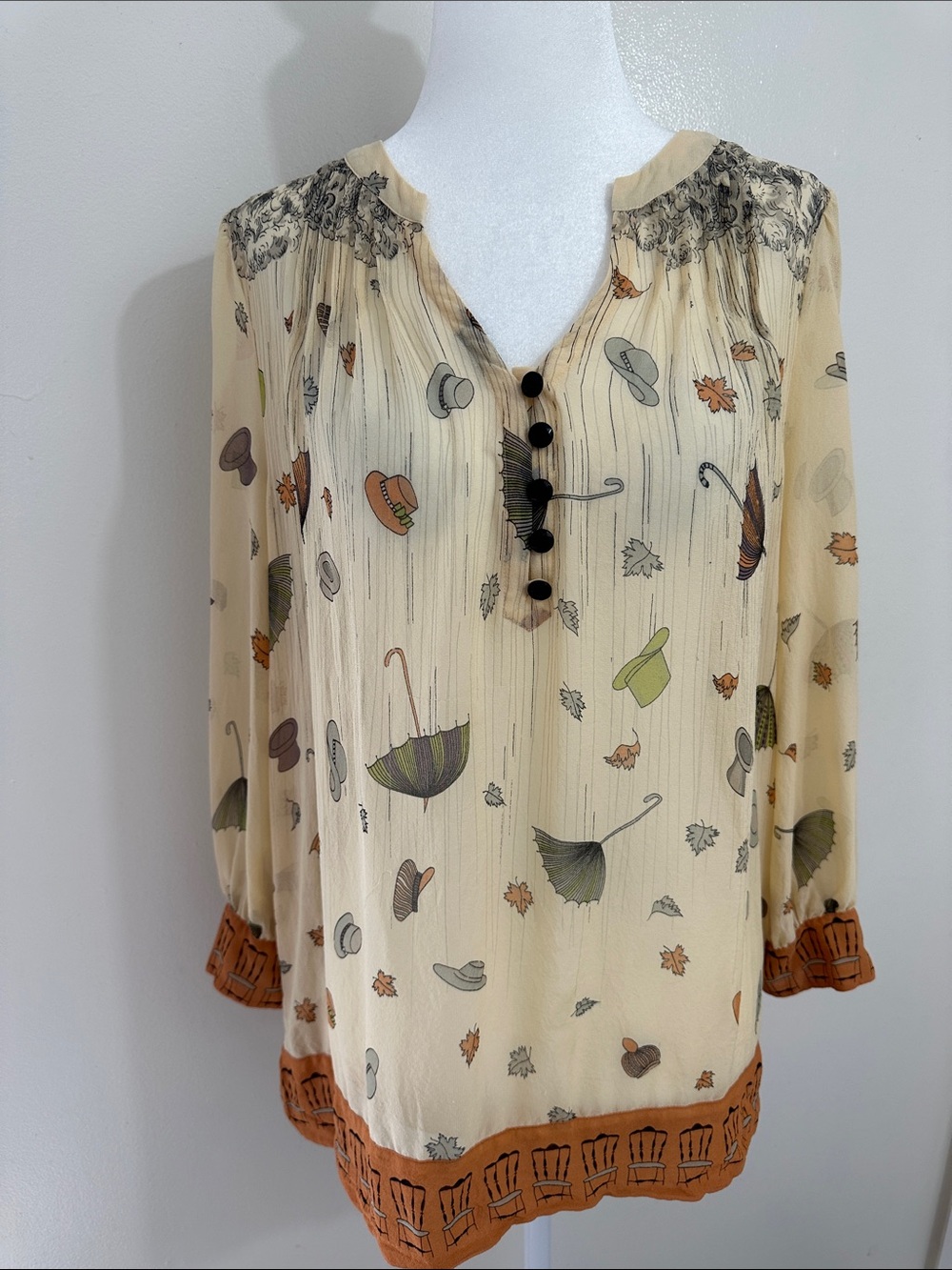 Floreat Cream Printed Tie-Neck Blouse with Rust Trim